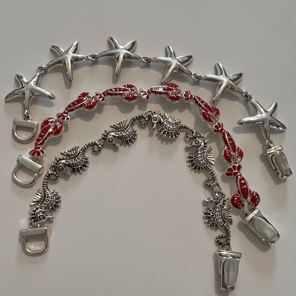 3 Silver Tone Starfish, Lobster,Seahorse 7” Bracelets Magnetic Closure